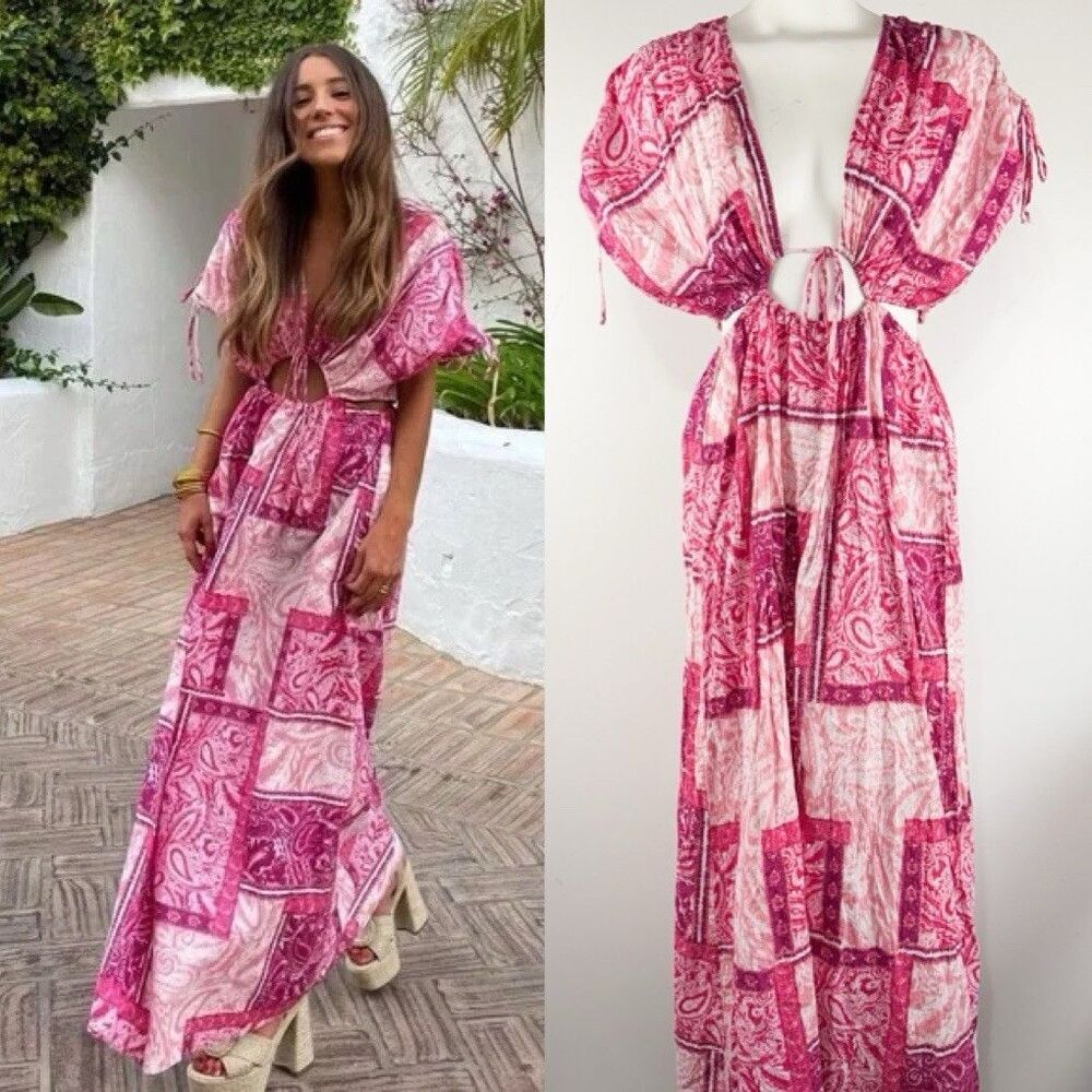 Zara Patchwork Print Maxi Dress Boho Paisley Waist Cut-Out Summer Resort Wear